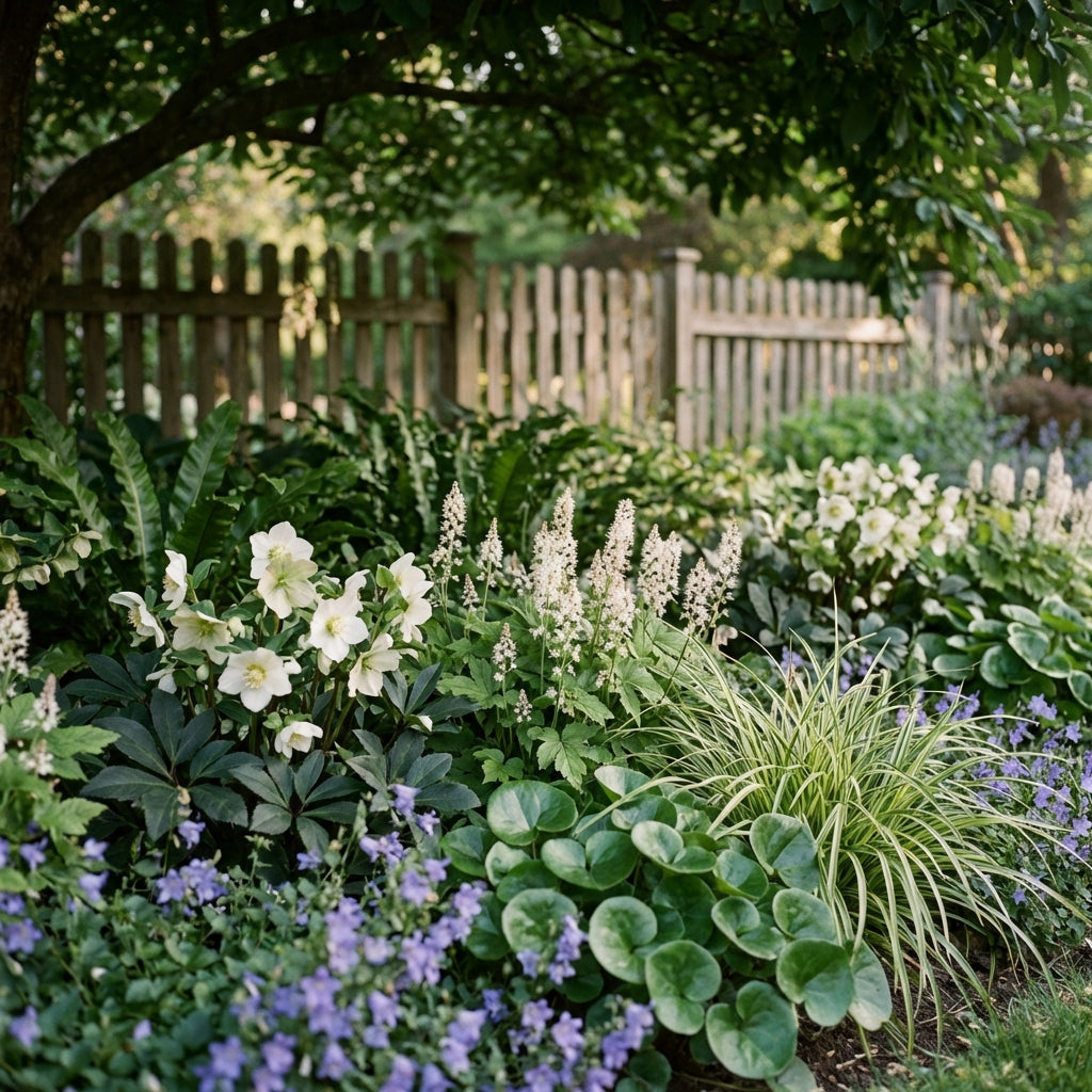Schattenbeet mit Farnen, Seggen und weißen Blüten