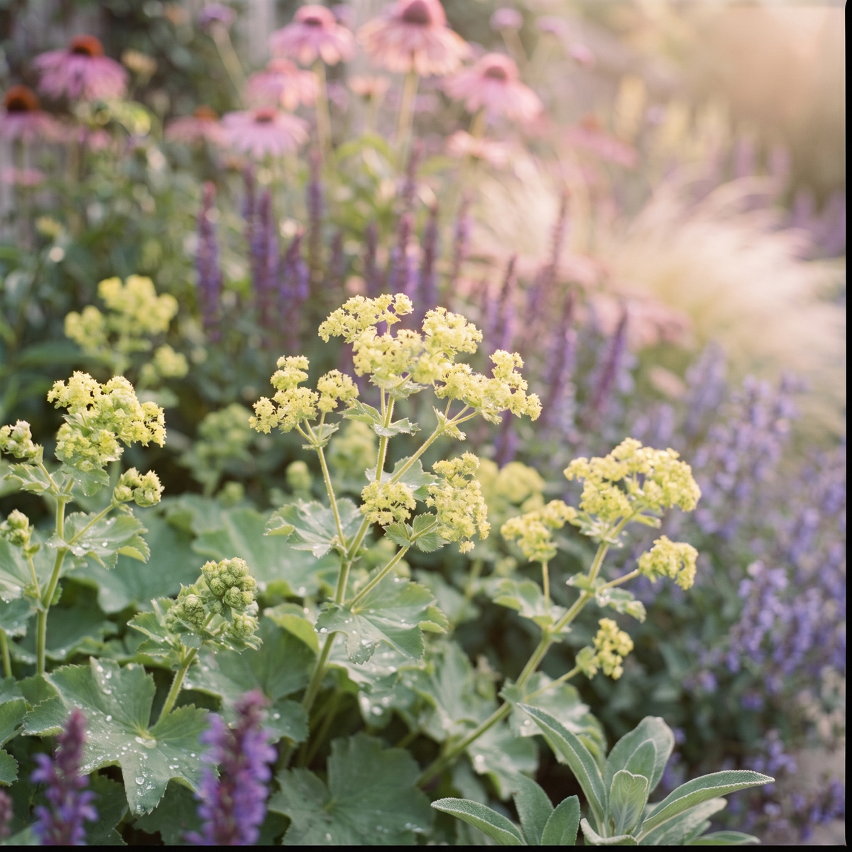 Frauenmantel (Alchemilla mollis) im Staudenbeet Bienenbuffet
