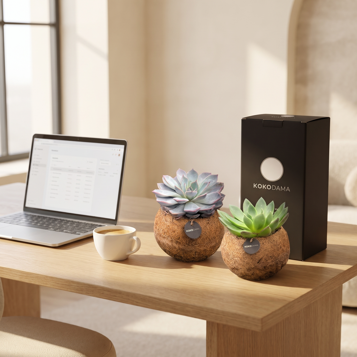 Kokodama Echeveria stehend 2er-Set Firmengeschenk: Firmengeschenk in einem modernen Büro