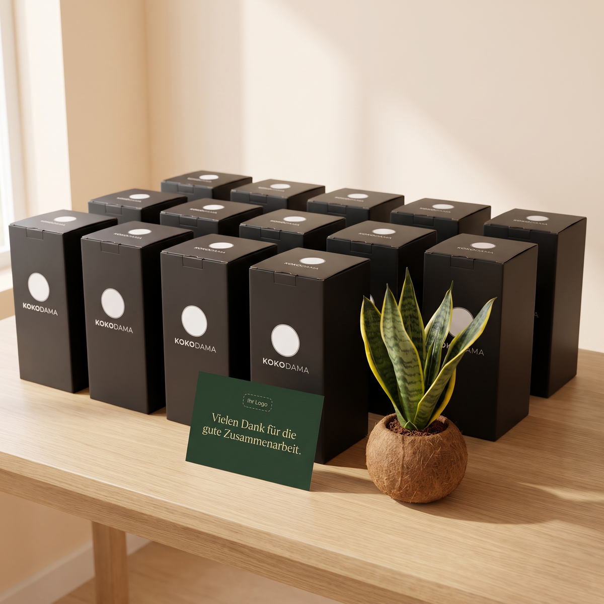 Kokopot Sansevieria Yellow Firmengeschenk: Größere Firmenbestellung mit Geschenkboxen