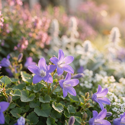 Glockenblume Campanula poscharskyana Stella im Staudenbeet Silver Dry Garden