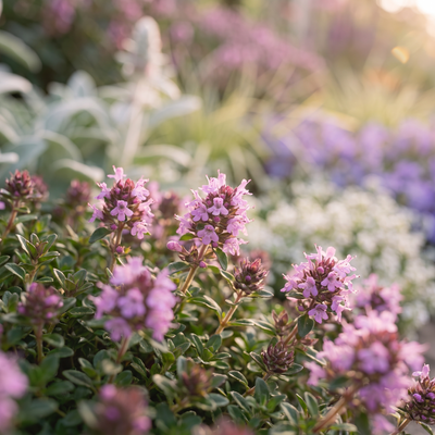 Sand-Thymian Thymus serpyllum im Staudenbeet Silver Dry Garden