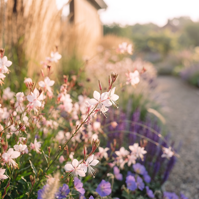 Prachtkerze Gaura Siskiyou Pink im Staudenbeet Streifenbeet Pflegeleicht