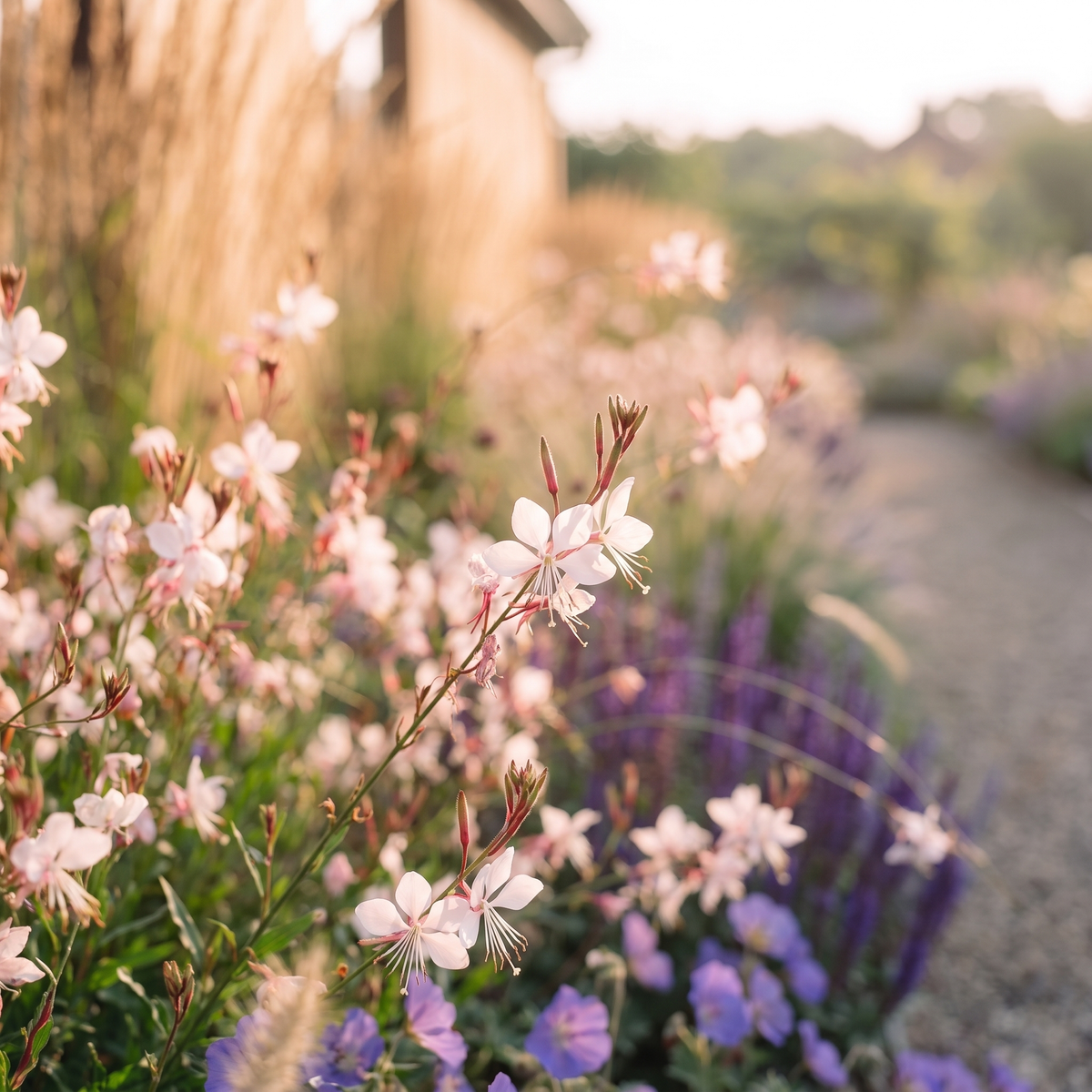 Prachtkerze Gaura Siskiyou Pink im Staudenbeet Streifenbeet Pflegeleicht