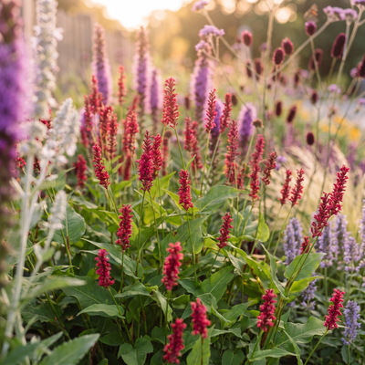 Kerzenknöterich Persicaria amplexicaulis im Staudenbeet Heimische Wildstauden